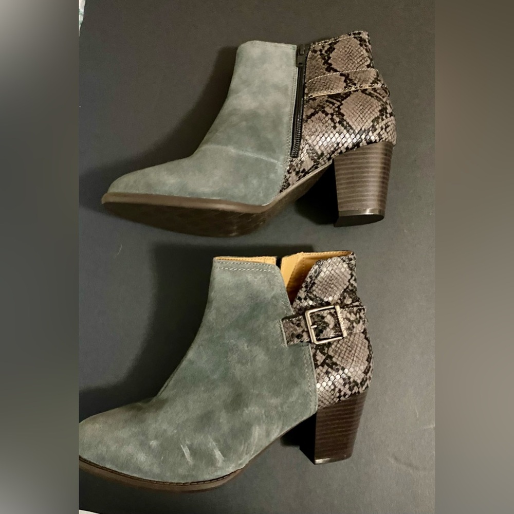 Gray suede and snake skin booties